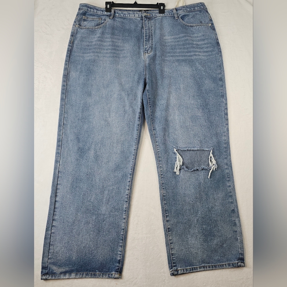 Pretty Little Thing Plus Wide Leg Jeans Blue Wash Distress Size US 26 / UK 30